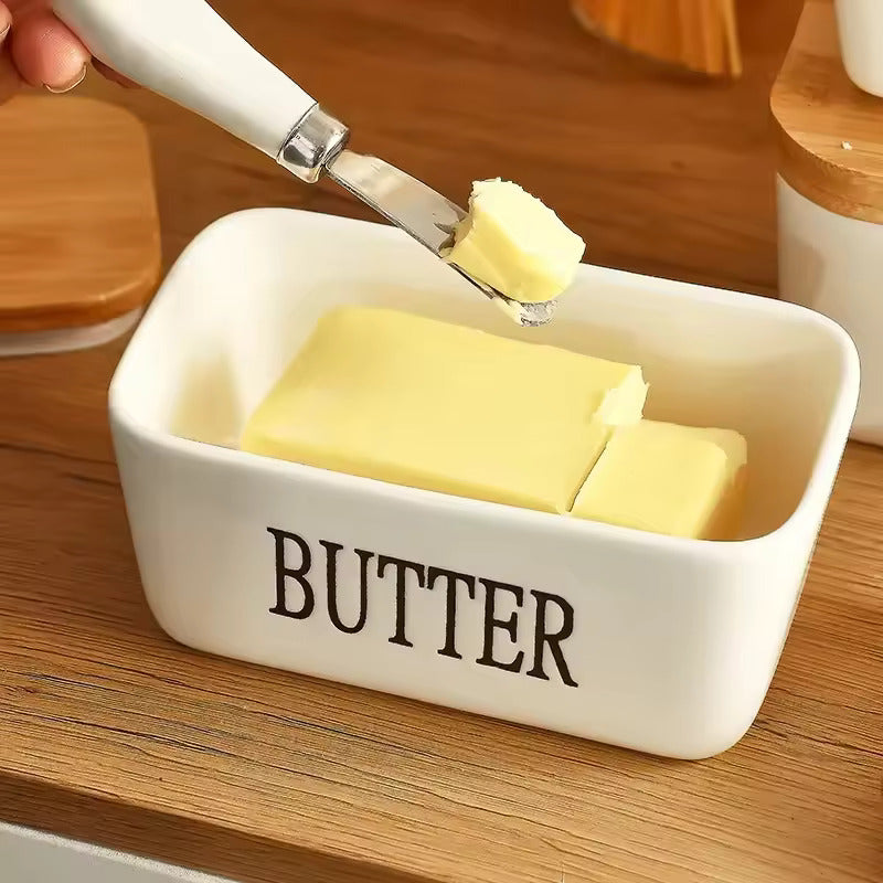 Ceramic Butter Dish with Lid and Knife - Spacious Butter Container