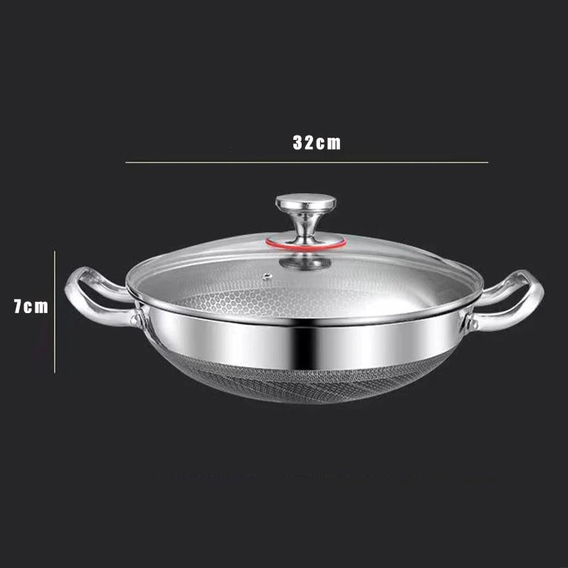 Large stainless steel hot pot with ergonomic handles dimensions