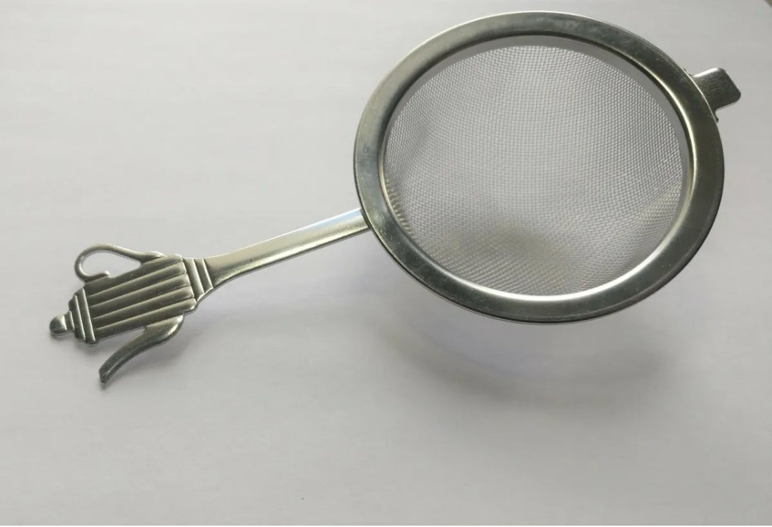 Stainless steel fine mesh tea strainer with kettle embossed on handle