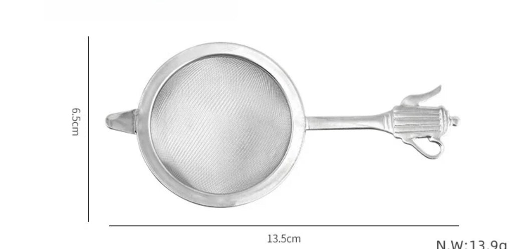 Stainless steel fine mesh tea strainer with kettle embossed on handle