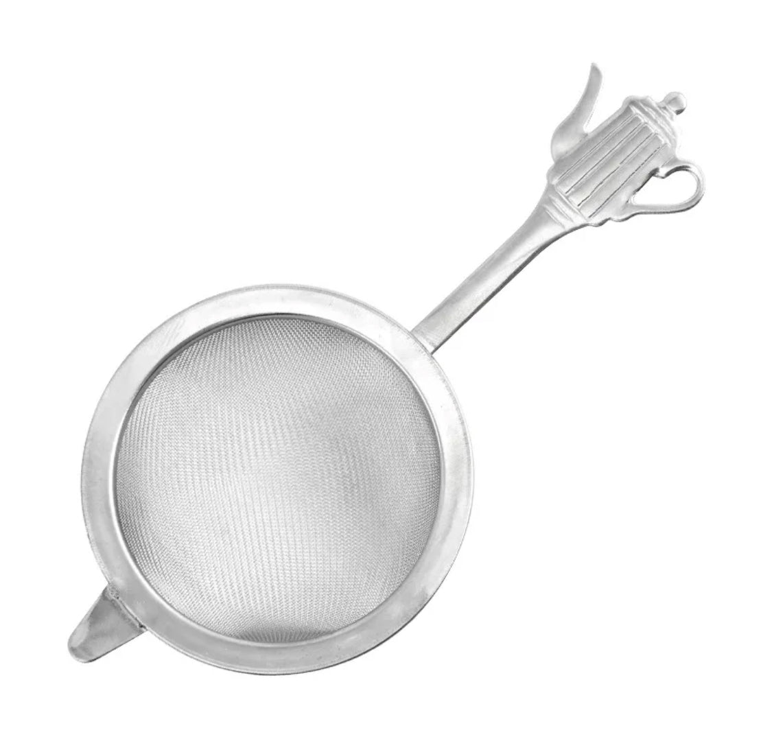 Stainless steel fine mesh tea strainer with a kettle embossed on the handle.